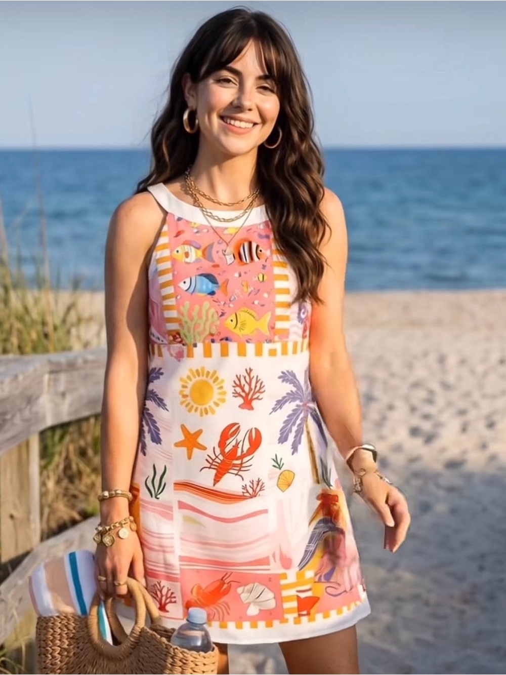 Sleeveless Pink Coastal Print Mini Dress XL